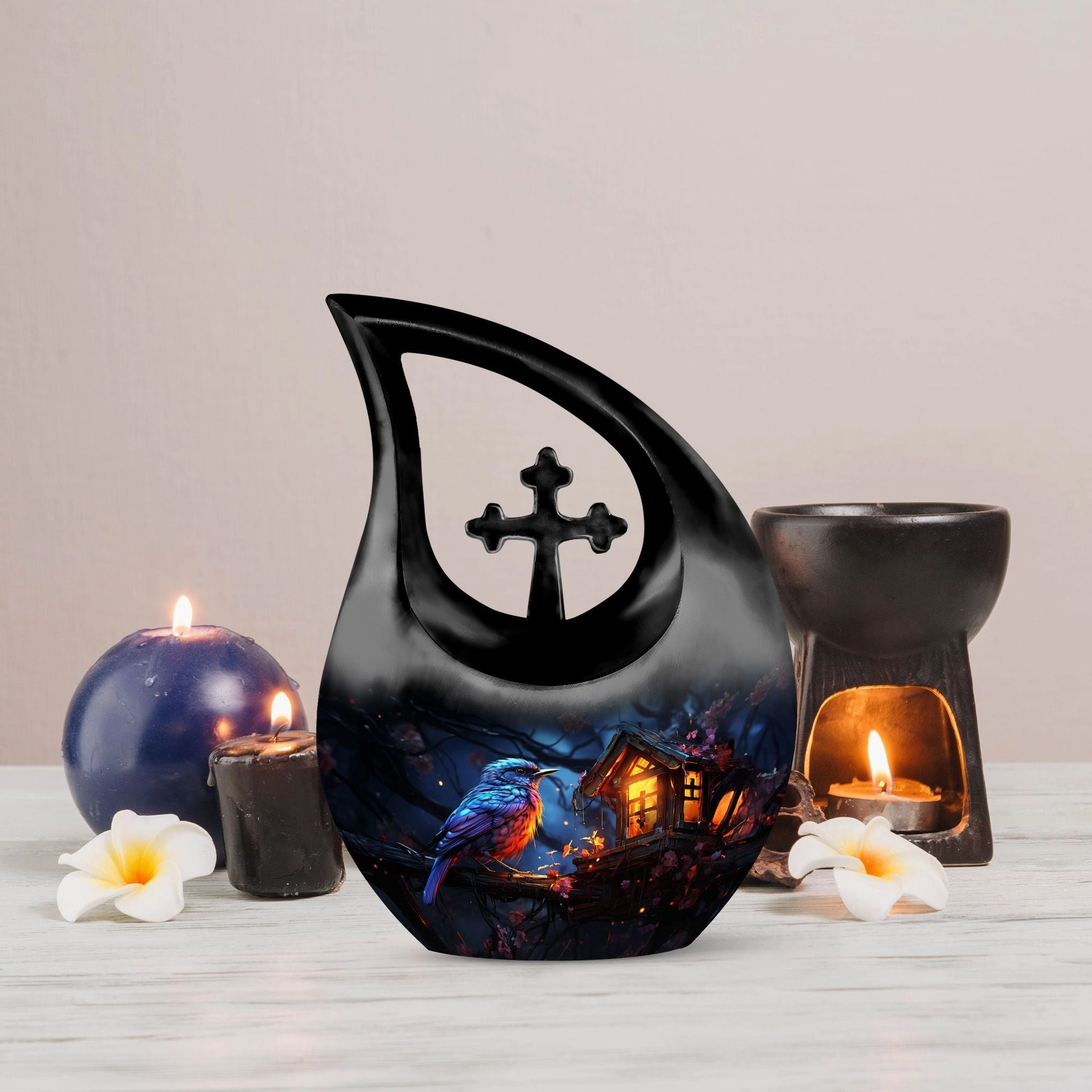 A Whimsical Twilight Cross-Drop Memorial Urn for Precious Keepsake