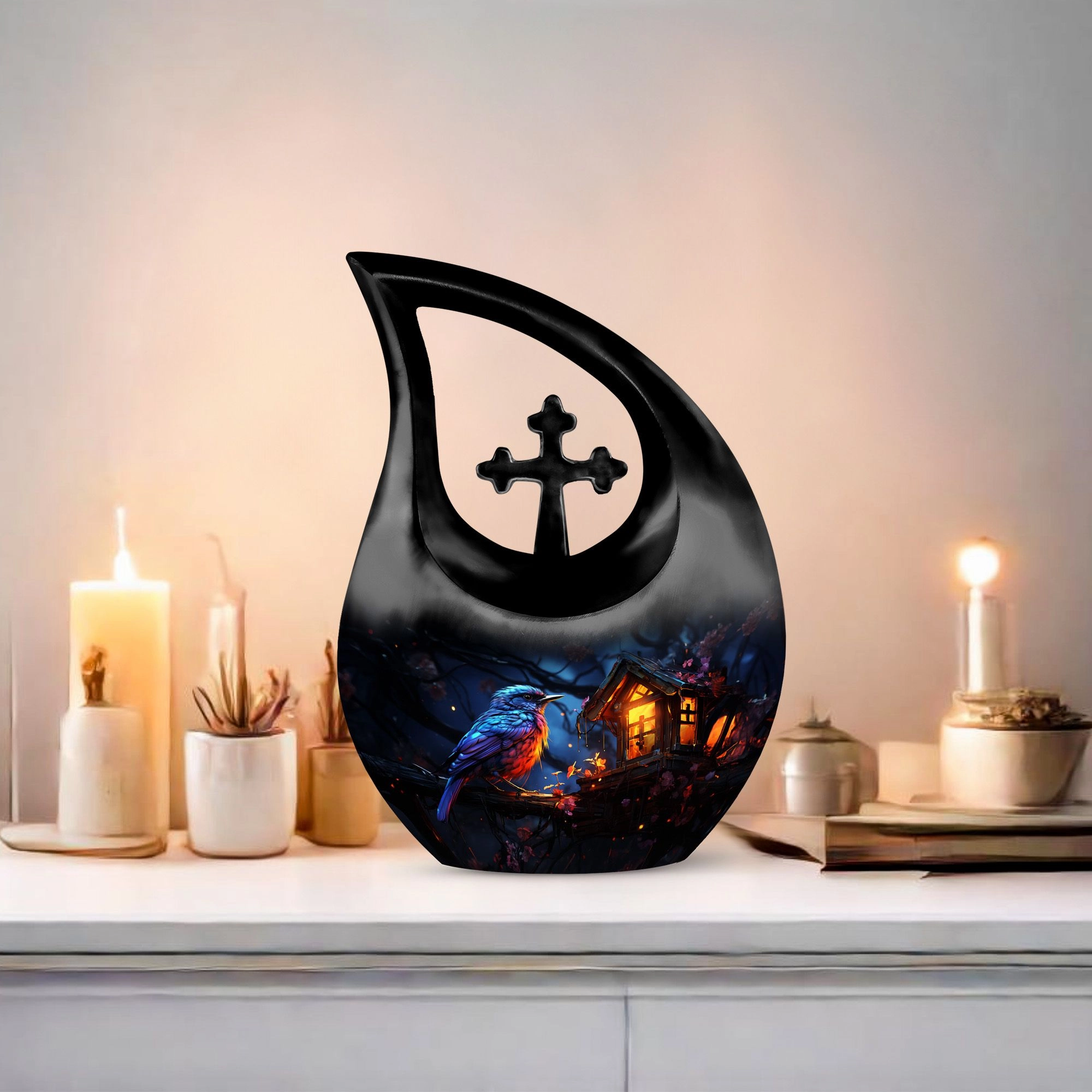 A Whimsical Twilight Cross-Drop Memorial Urn for Precious Keepsake