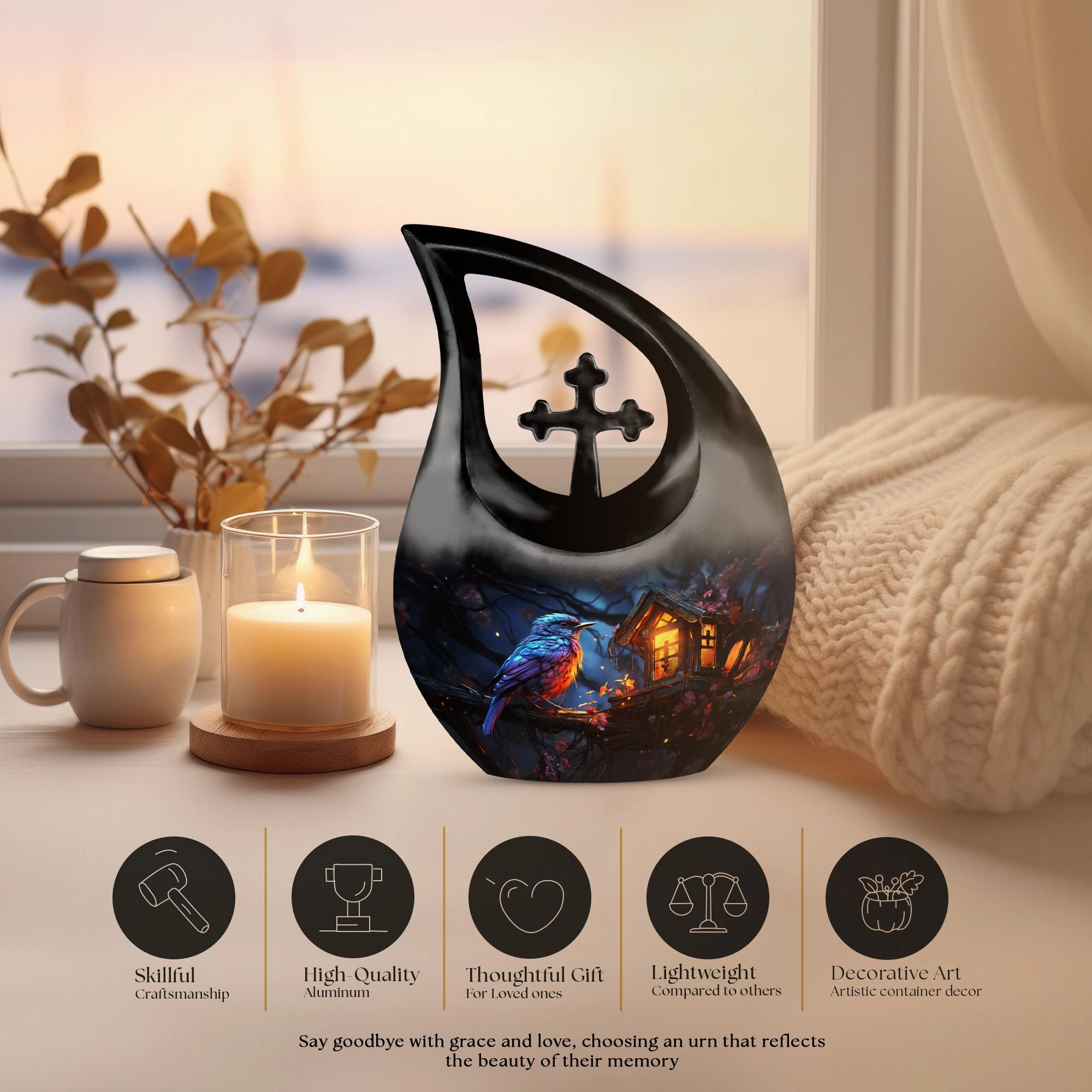 A Whimsical Twilight Cross-Drop Memorial Urn for Precious Keepsake