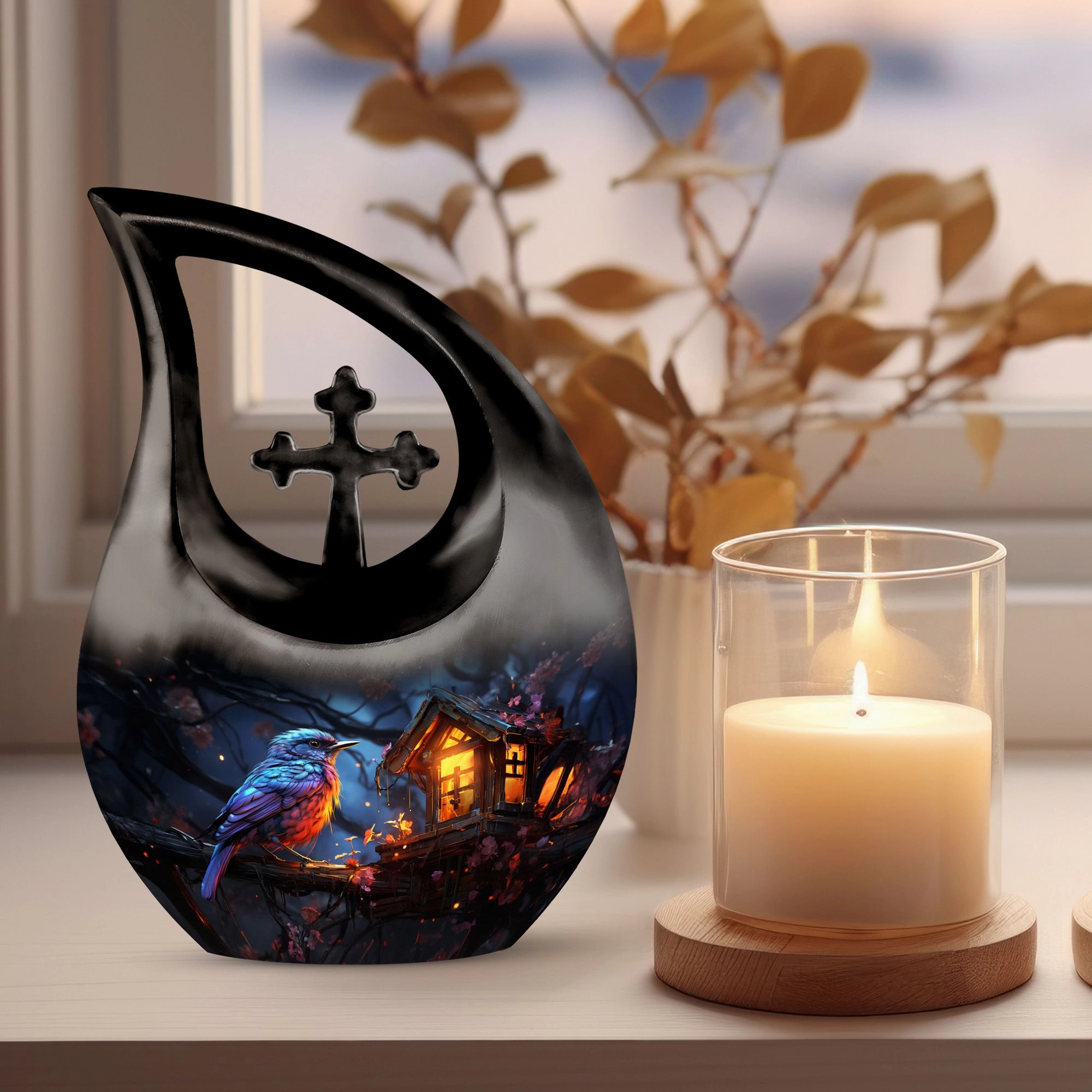 A Whimsical Twilight Cross-Drop Memorial Urn for Precious Keepsake