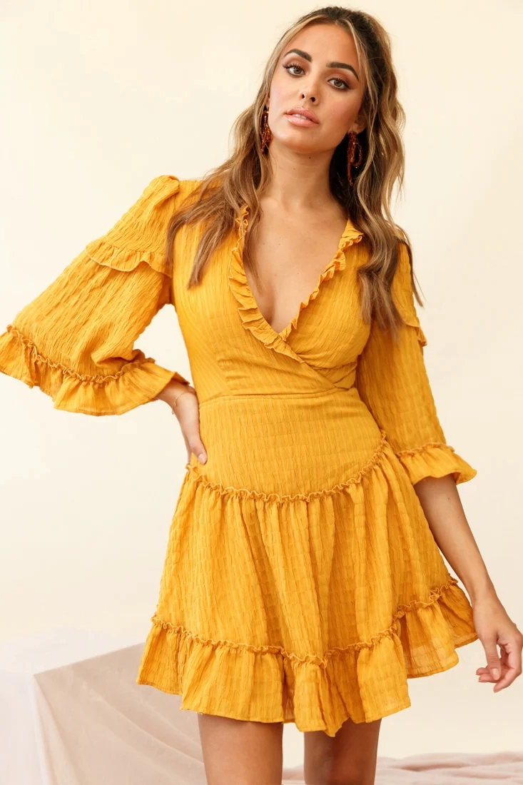 Albany Lace Up Back Frill Dress Shirred Mustard