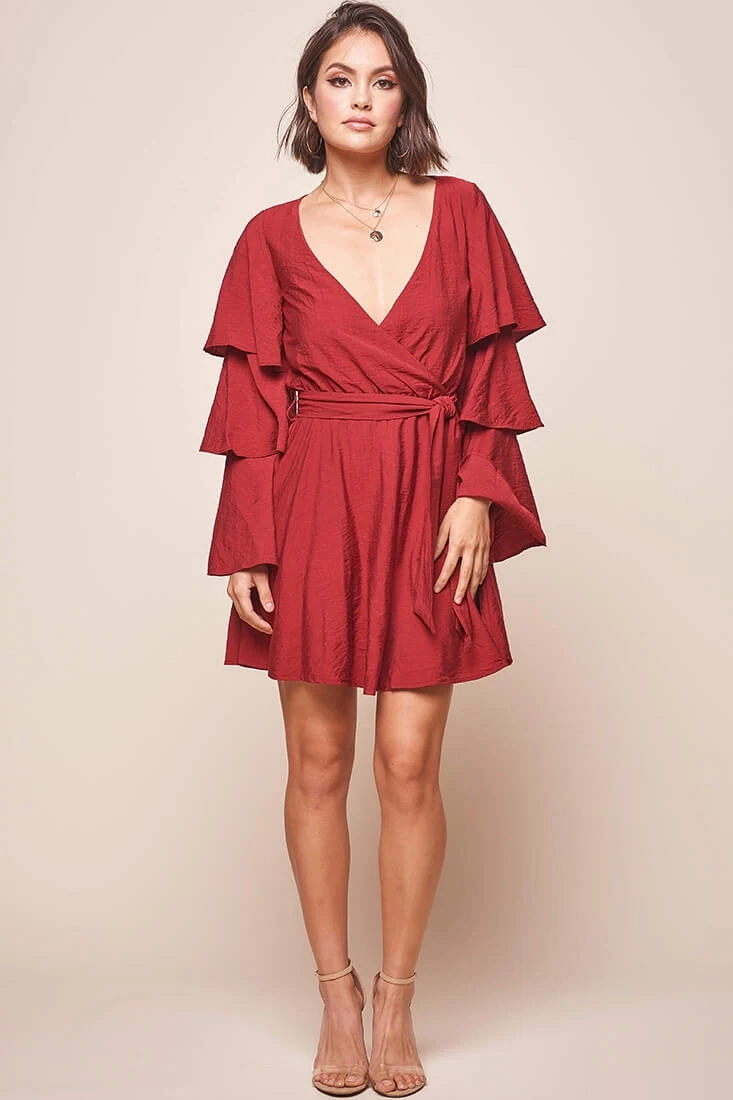 Bellini Tiered Ruffle Sleeve Dress Wine