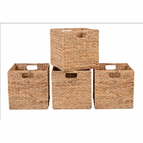 Better Homes & Gardens 11.8 inch Natrual Water Hyacinth Foldable Cube Baskets, Set of 4 - Lightweight & Durable