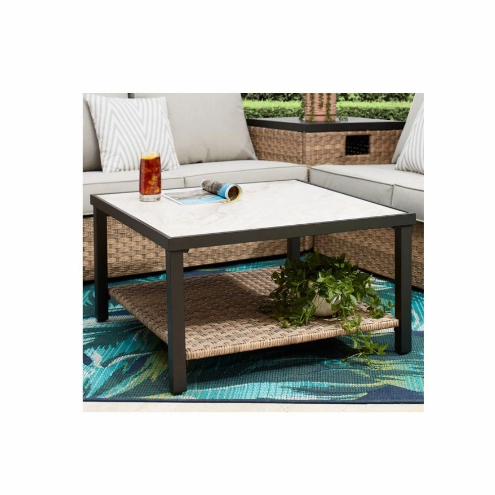 Better Homes & Gardens BHS136157386512 River Oaks Tile Top Coffee Table with All-Weather Wicker Shelf, White