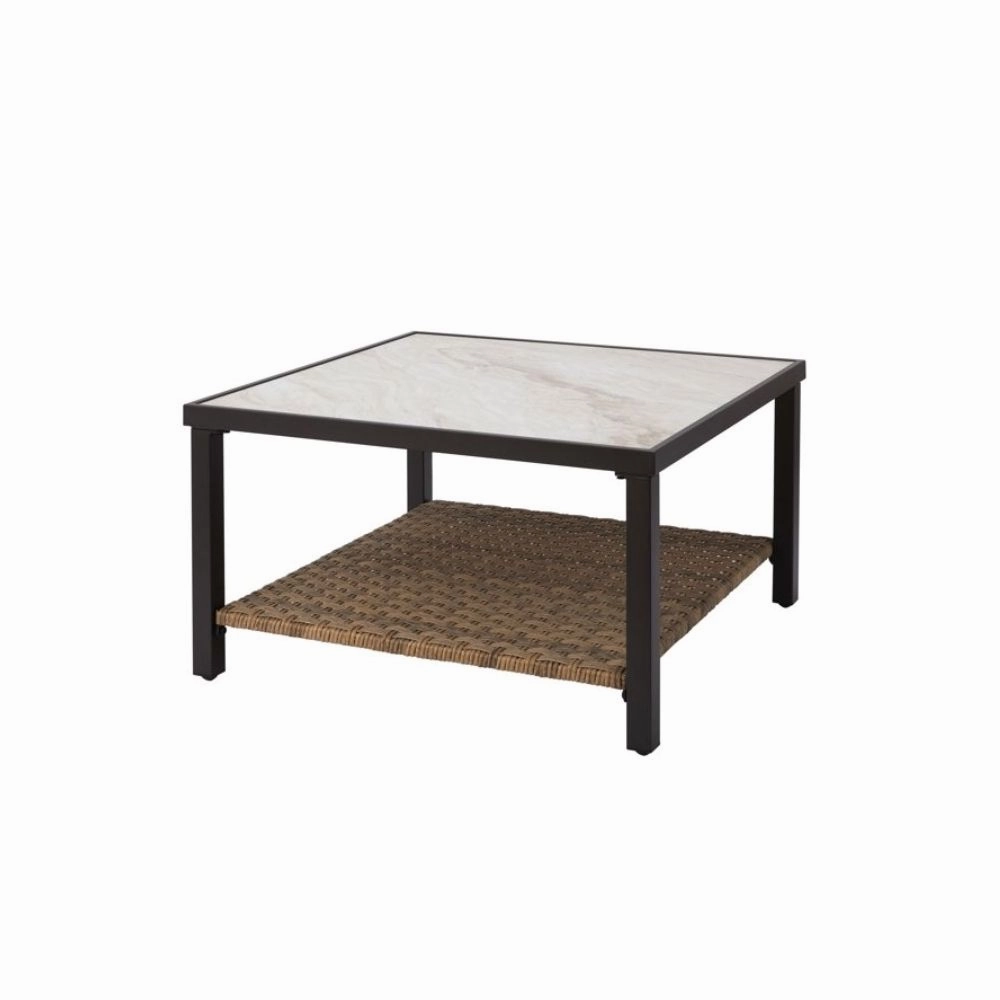 Better Homes & Gardens BHS136157386512 River Oaks Tile Top Coffee Table with All-Weather Wicker Shelf, White