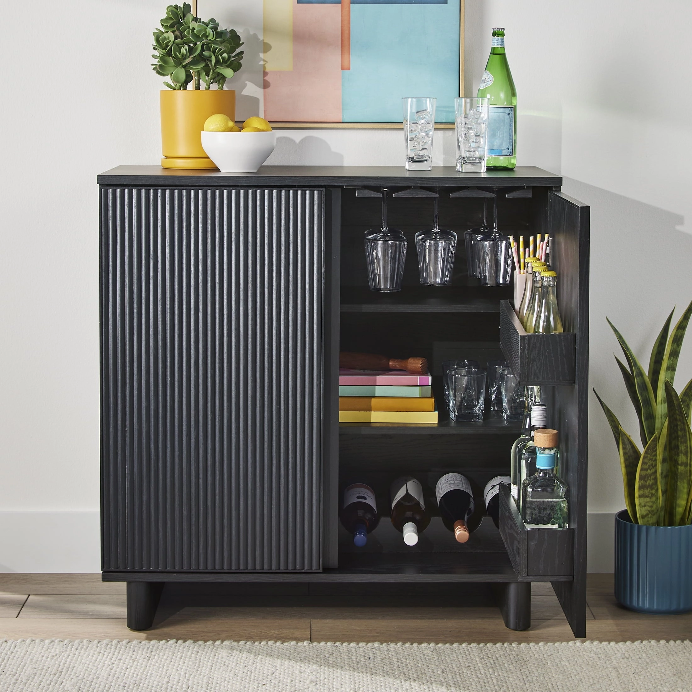 Better Homes & Gardens BHS436249972034 Lillian Fluted Bar Cabinet, Rich Black Finish