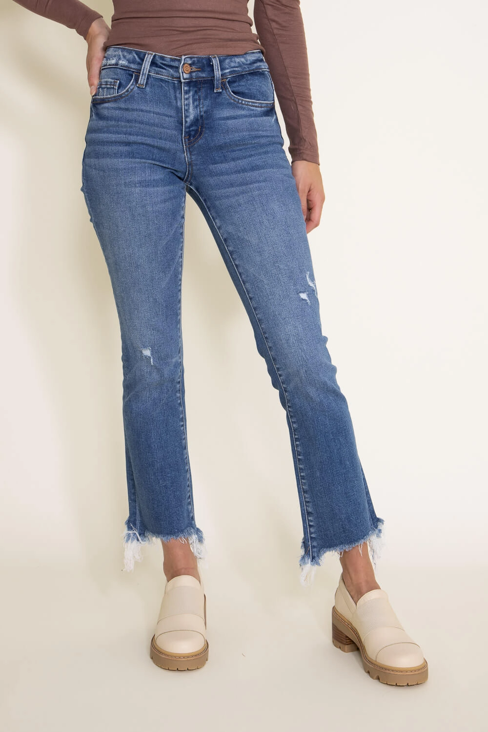 Flying Monkey Mid-Rise Destructed Hem Crop Bootcut Jeans for Women | F5011