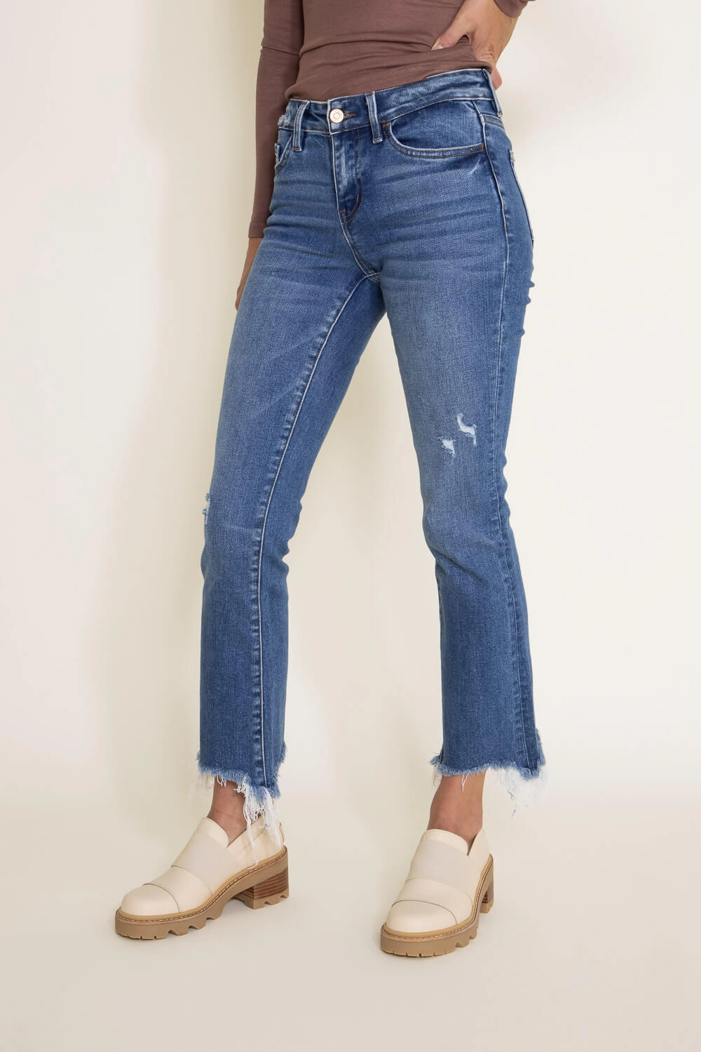 Flying Monkey Mid-Rise Destructed Hem Crop Bootcut Jeans for Women | F5011
