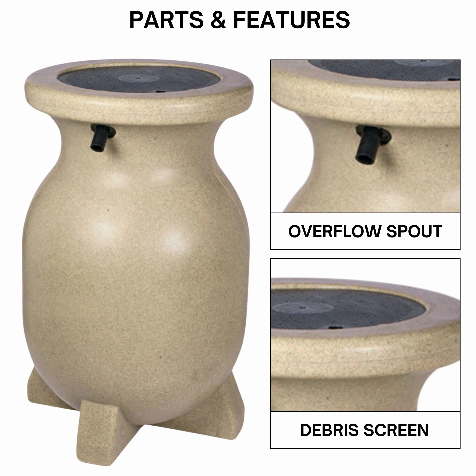 Koolscapes 55 Gallon Rain Barrel | Sandstone-Look Rainwater Collection Urn | Outdoor Water Catcher & Storage | Sustainable Watering For Lawn Plants & Gardens | Brass Spigot | Recycled Plastic | Beige