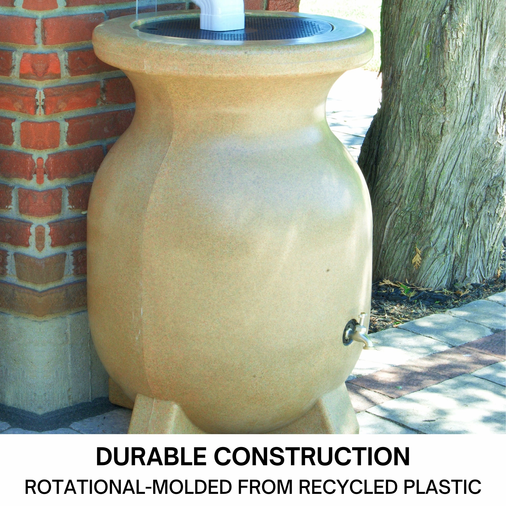 Koolscapes 55 Gallon Rain Barrel | Sandstone-Look Rainwater Collection Urn | Outdoor Water Catcher & Storage | Sustainable Watering For Lawn Plants & Gardens | Brass Spigot | Recycled Plastic | Beige