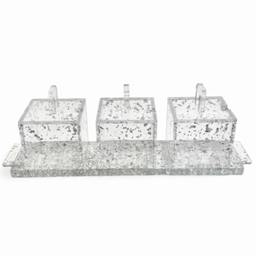 Lucite 3 Sectional Jars With Tray - Silver Flakes
