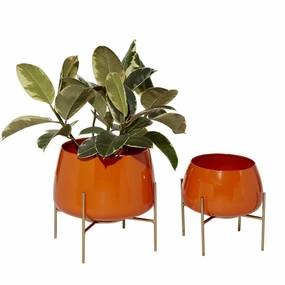 ORANGE METAL INDOOR OUTDOOR PLANTER WITH REMOVABLE STAND