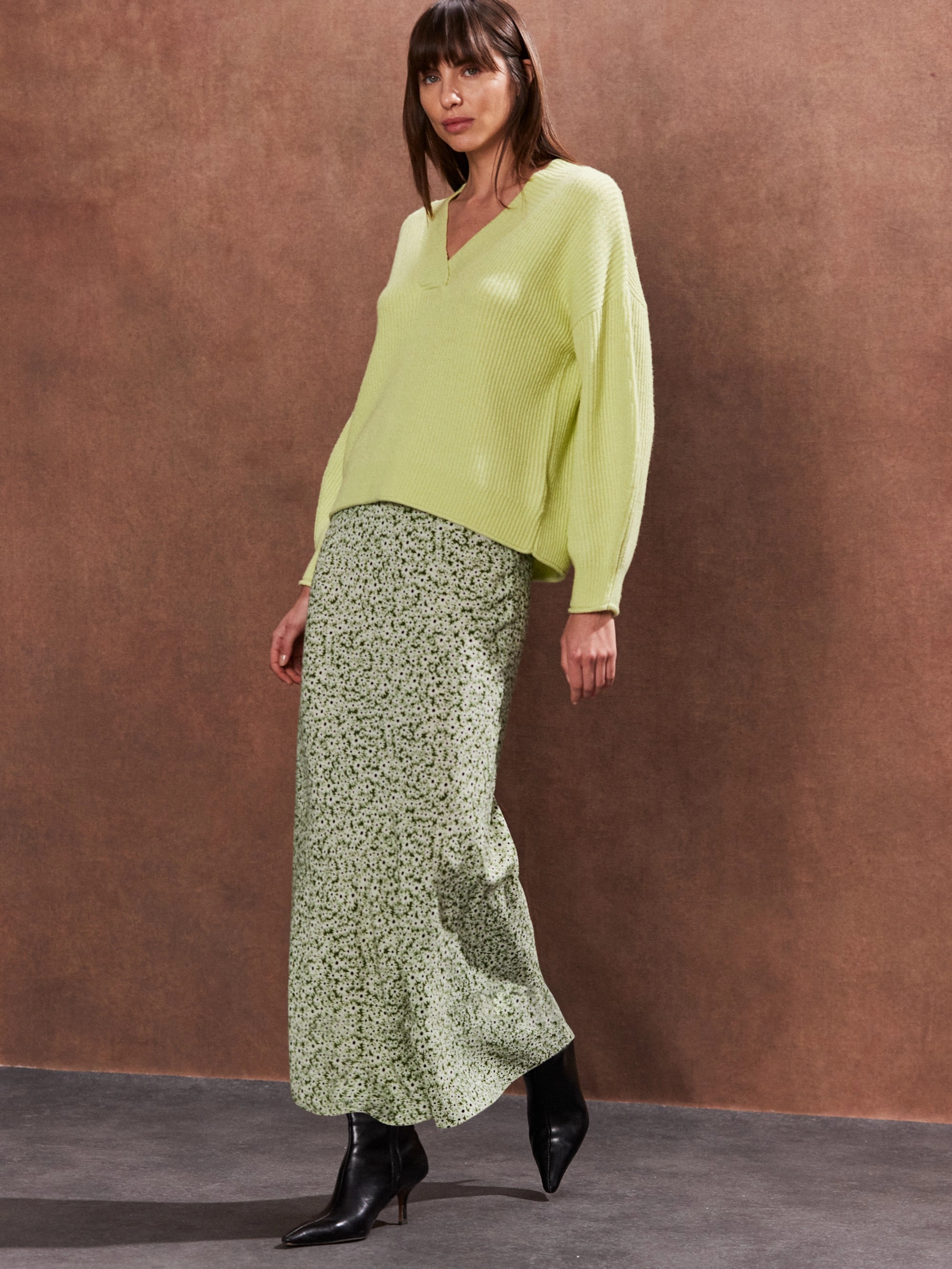 Petite Green Ditsy Bias Cut Maxi Skirt